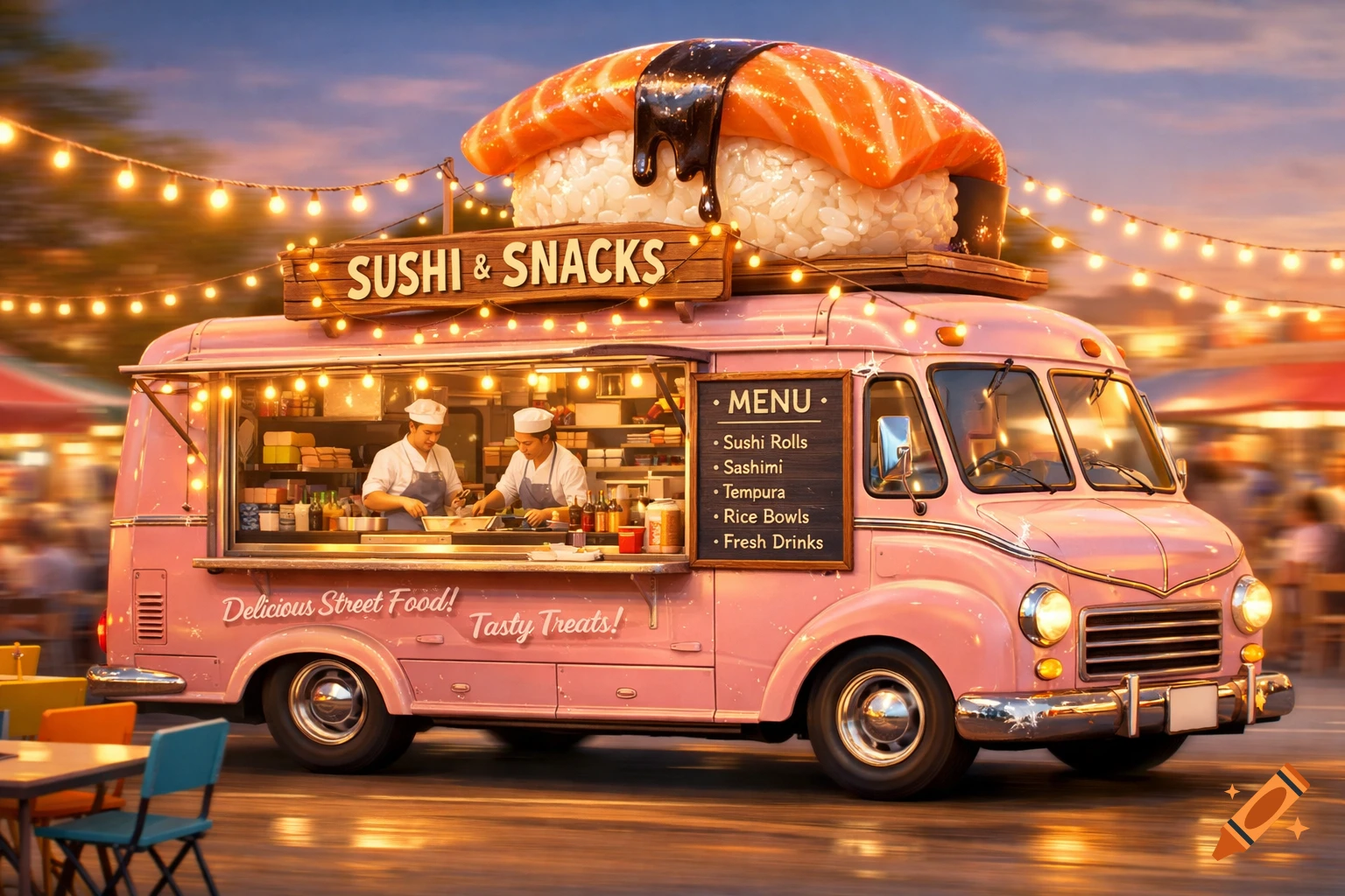 A vibrant pink sushi food truck, adorned with string lights and a giant sushi roll on top, operates at dusk with two chefs inside.