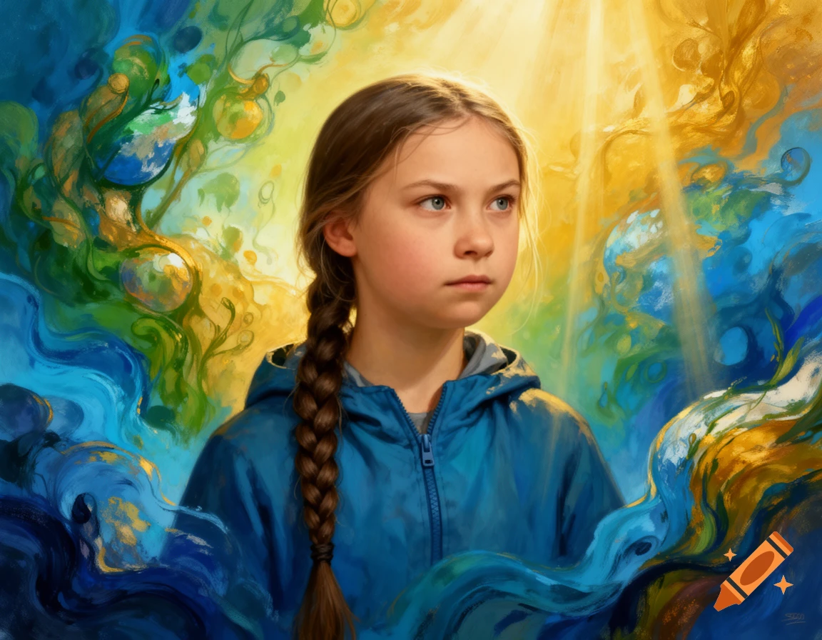 Painting of Greta Thunberg with a serious expression, surrounded by swirling blue, green, and yellow abstract patterns with hints of globes.