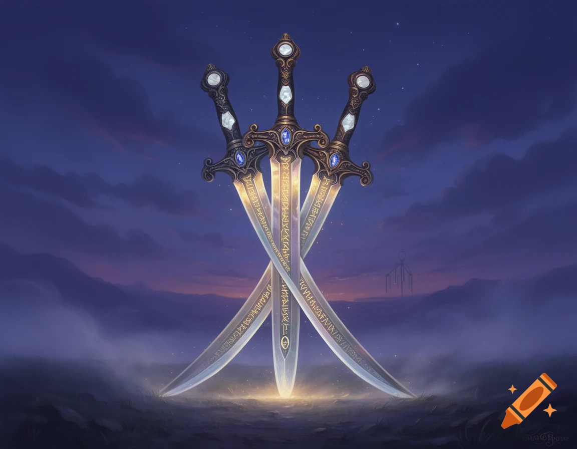 Three ornate fantasy swords with glowing runic inscriptions stand upright in a mystical twilight landscape.