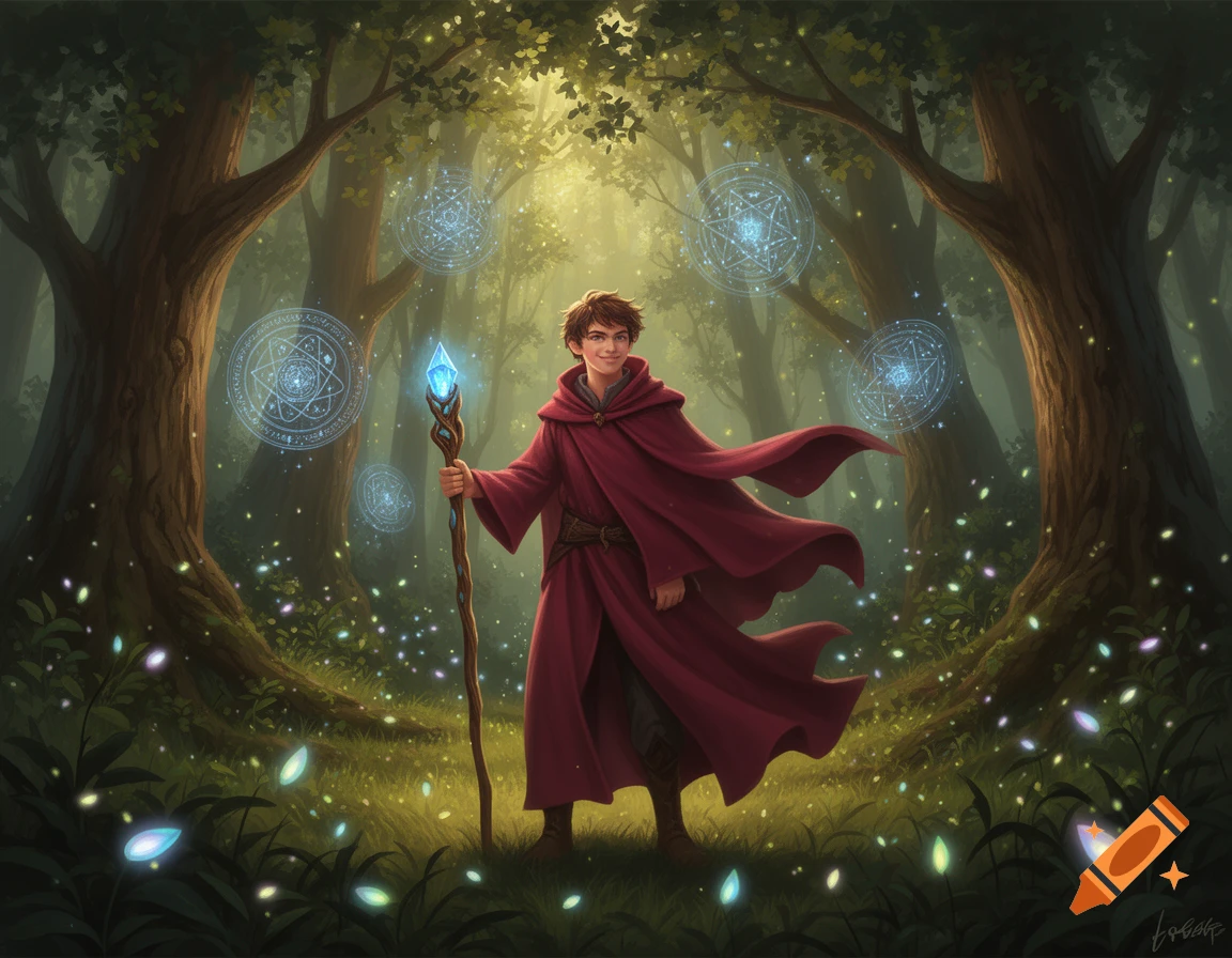 A young wizard in a red robe stands in a magical forest, holding a glowing staff, with glowing runes floating around him.