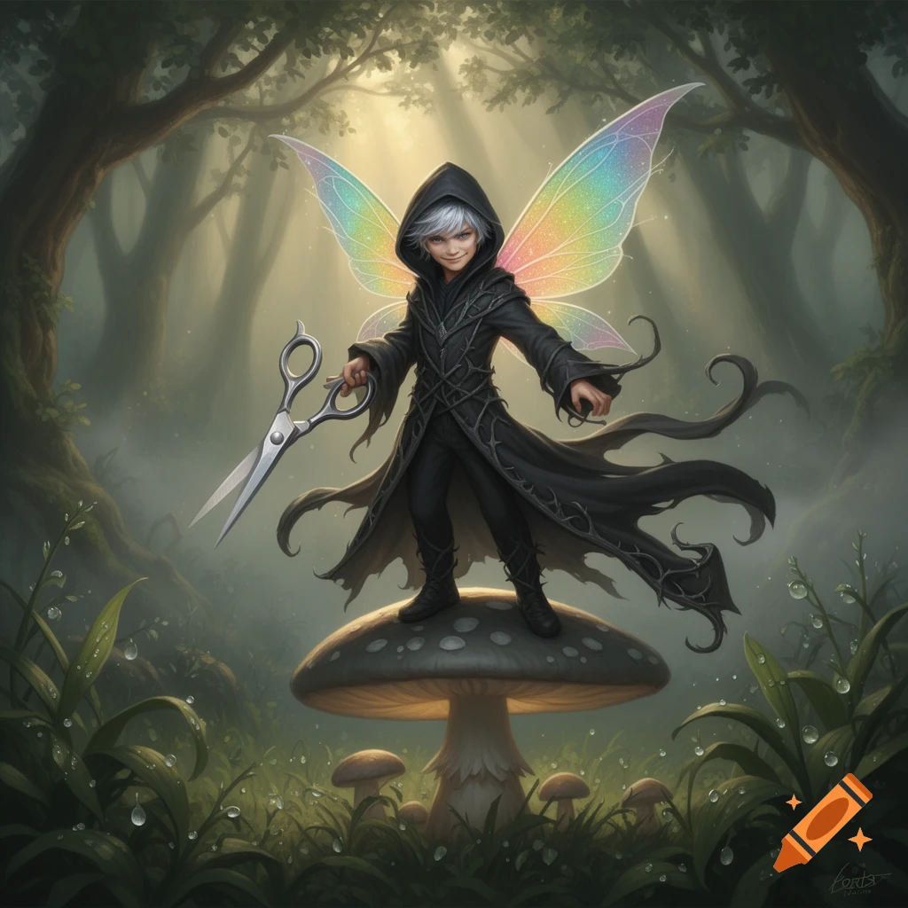 A dark male fairy with rainbow wings, wearing a hooded robe, stands on a mushroom holding large scissors in a magical forest.