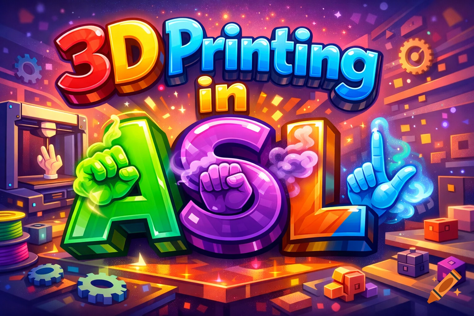 Colorful, cartoon-style text '3D Printing in ASL' with hands signing letters, a 3D printer, and gears in a tech-themed background.