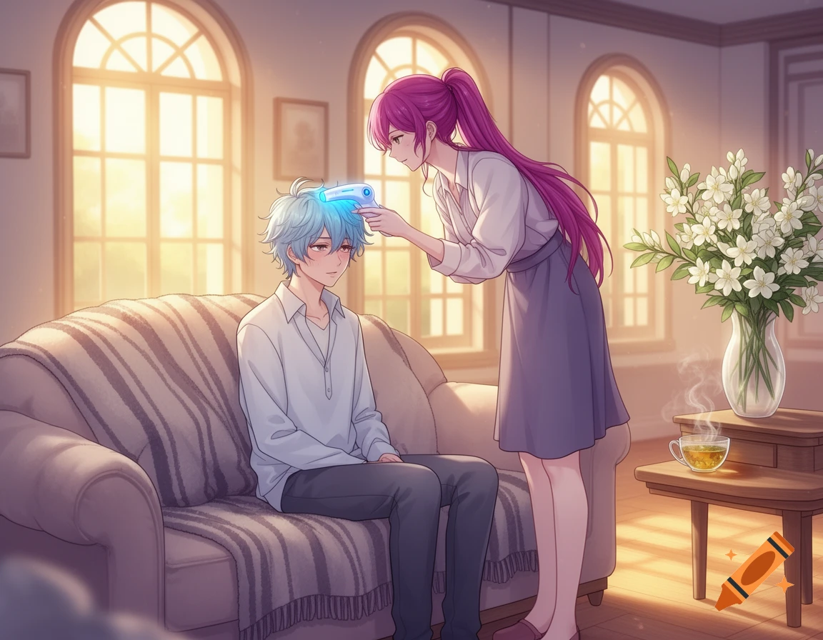 An anime woman with long pink hair checks the temperature of an anime man with blue hair sitting on a couch in a sunlit room, with a vase of flowers nearby.