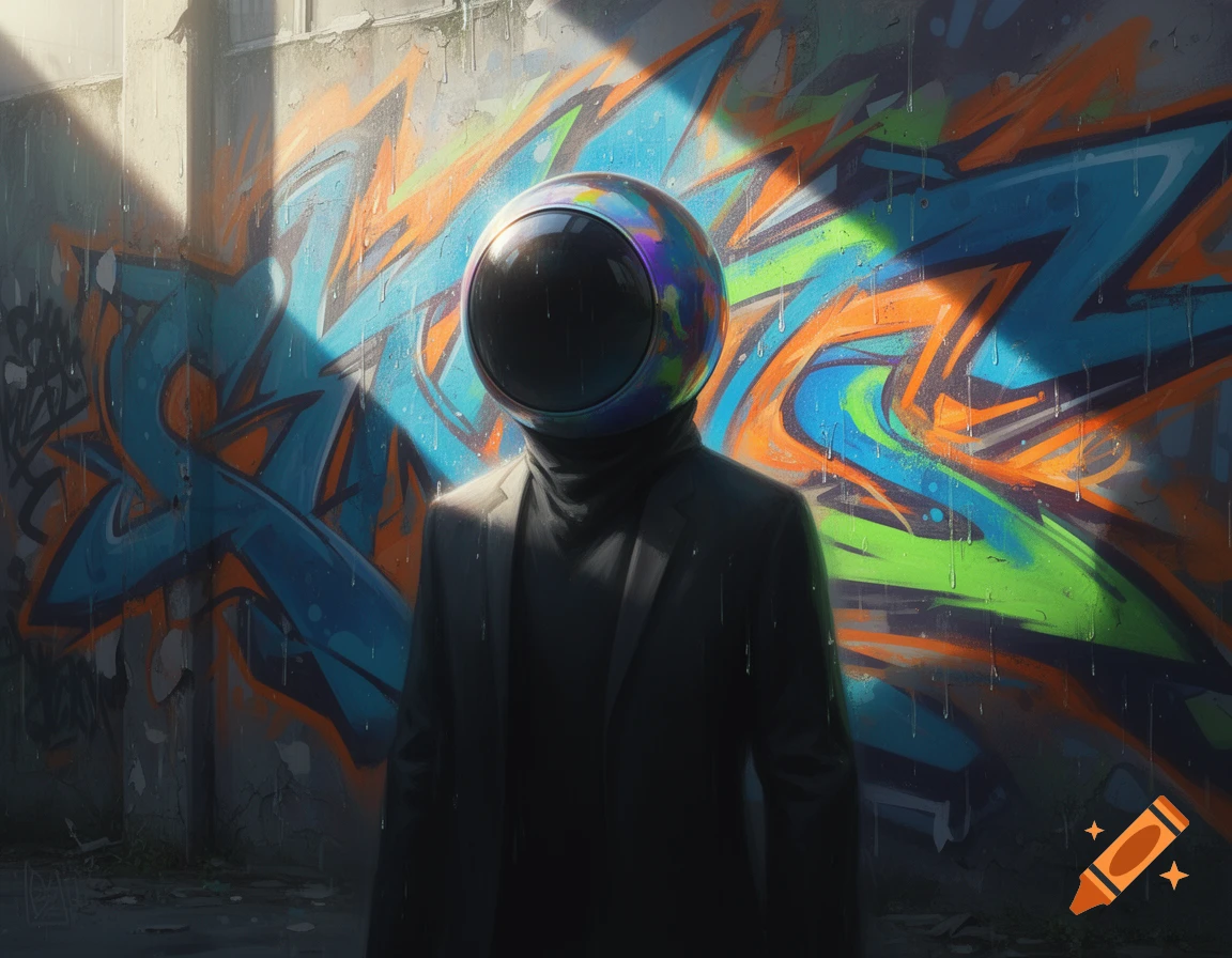 A figure with a reflective, spherical head and black suit stands against a vibrant, graffiti-covered wall with dramatic lighting.