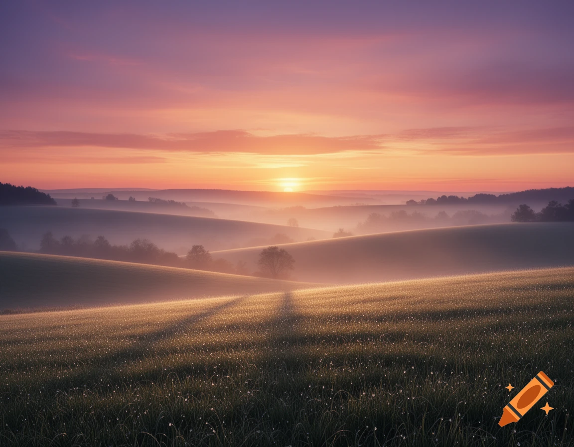 A photorealistic landscape of a misty valley at sunrise, with rolling hills and fields glowing in the warm light.