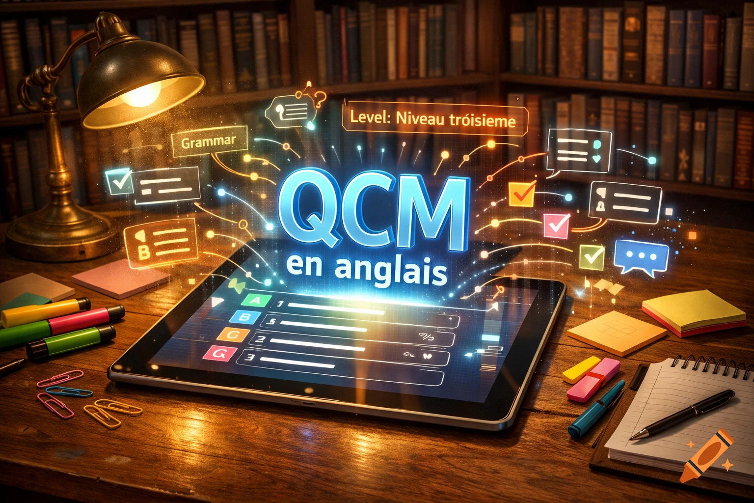 A tablet on a wooden desk displays a glowing 'QCM en anglais' quiz, surrounded by digital elements, a desk lamp, and bookshelves.
