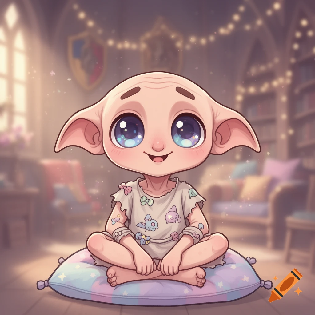 Kawaii Dobby sits cross-legged on a pastel pillow in a cozy, softly lit room with string lights and crests.