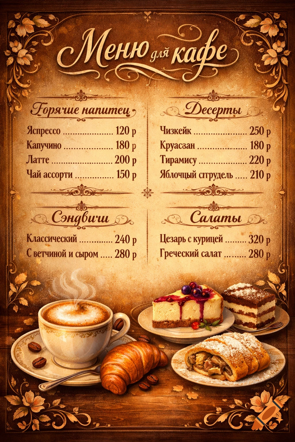 A vintage-style cafe menu featuring hot drinks, desserts, sandwiches, and salads, with illustrations of coffee, croissant, cheesecake, and strudel on a wooden table.