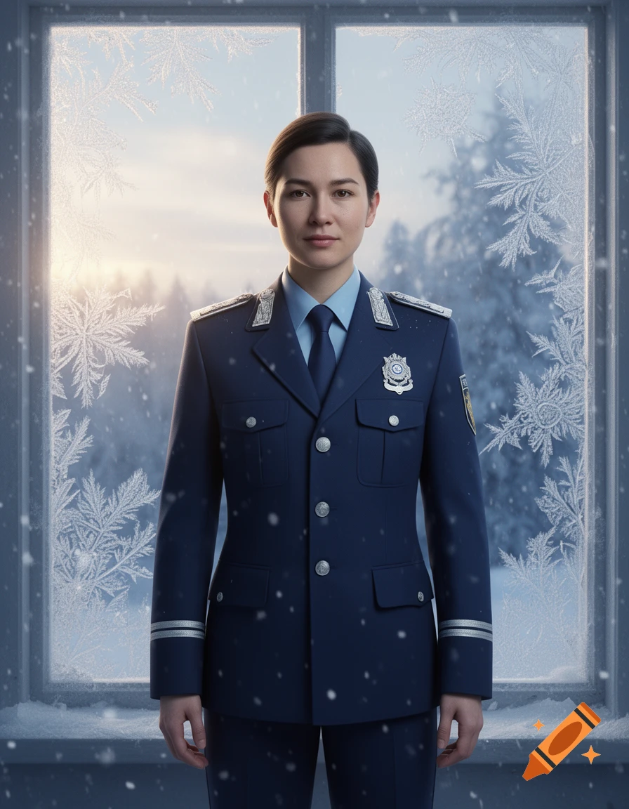 Photorealistic portrait of a woman in a blue police uniform standing in front of a frosted window with a snowy landscape.