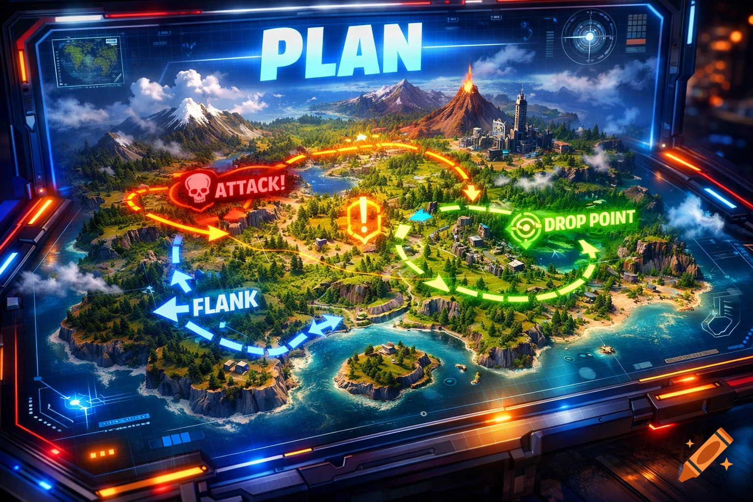 Futuristic holographic battle map with glowing strategic routes over mountains, forests, and oceans, displaying 'PLAN', 'ATTACK!', 'FLANK', 'DROP POINT'.