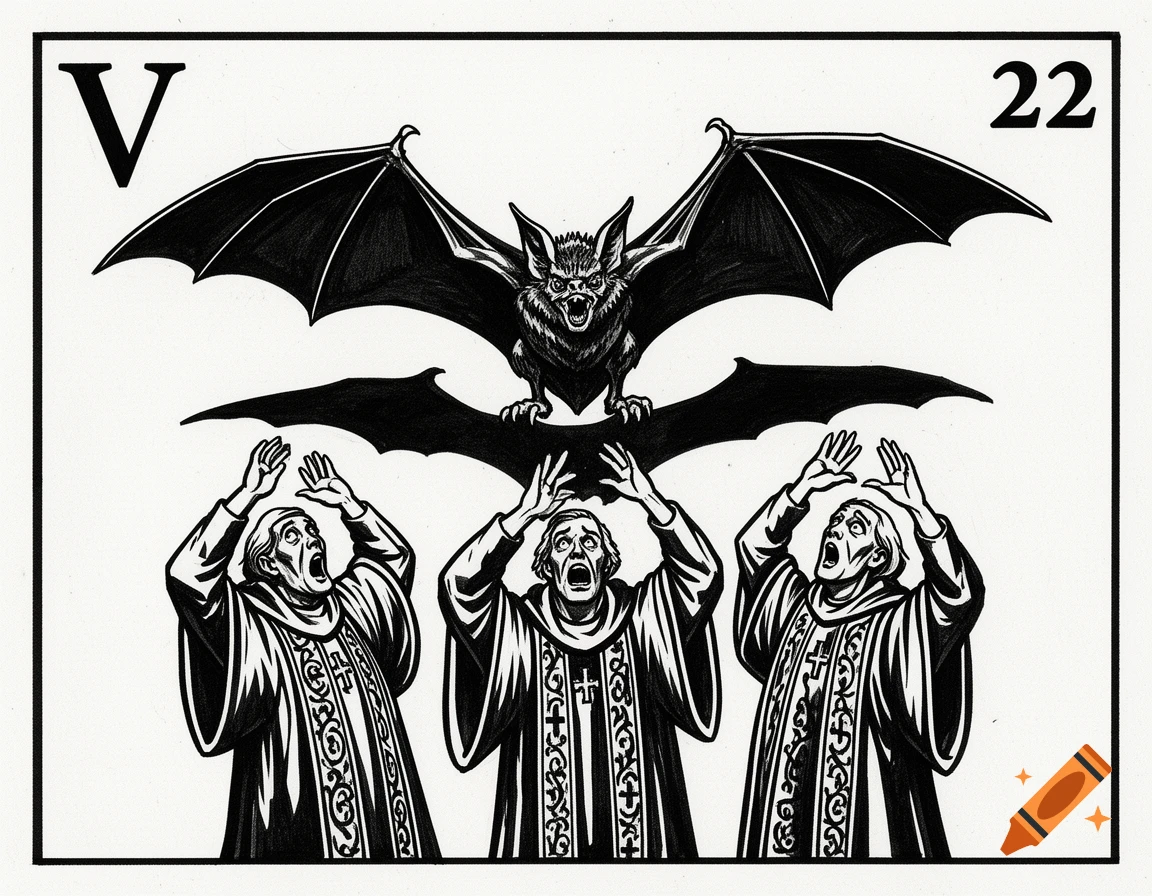 Black and white woodcut illustration of a vampire bat attacking three robed figures with a 'V' and '22'.