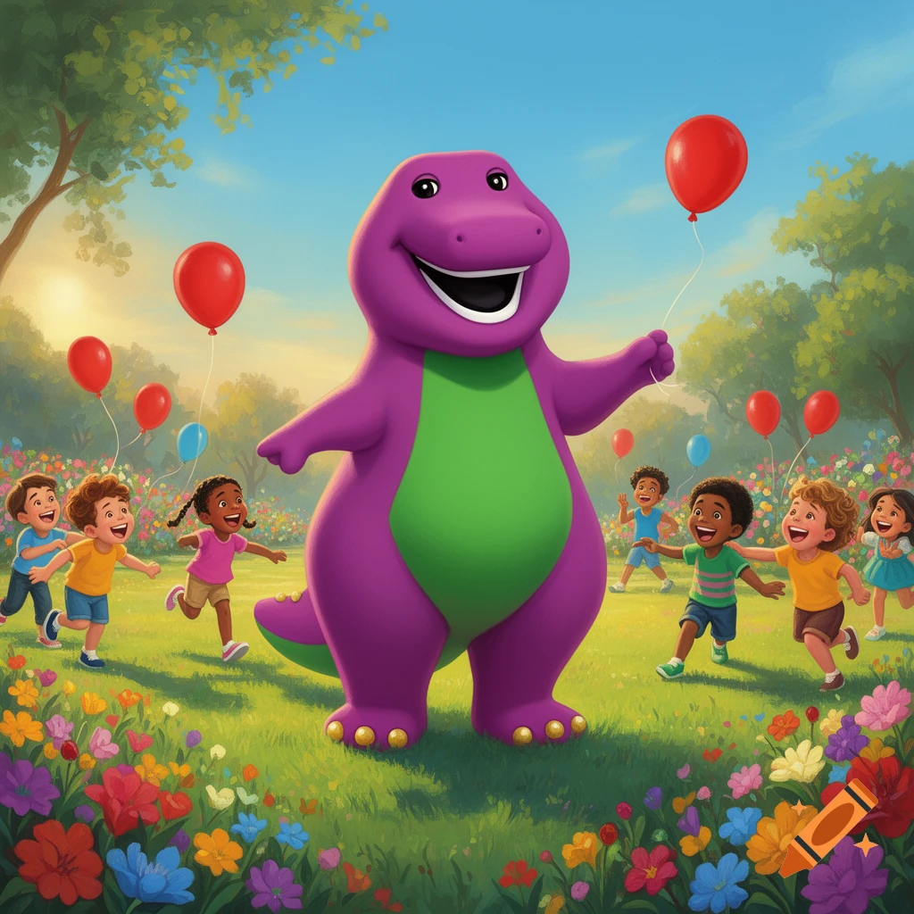 Barney the purple dinosaur smiles, holding balloons, while happy children run through a vibrant, sunny park filled with colorful flowers.