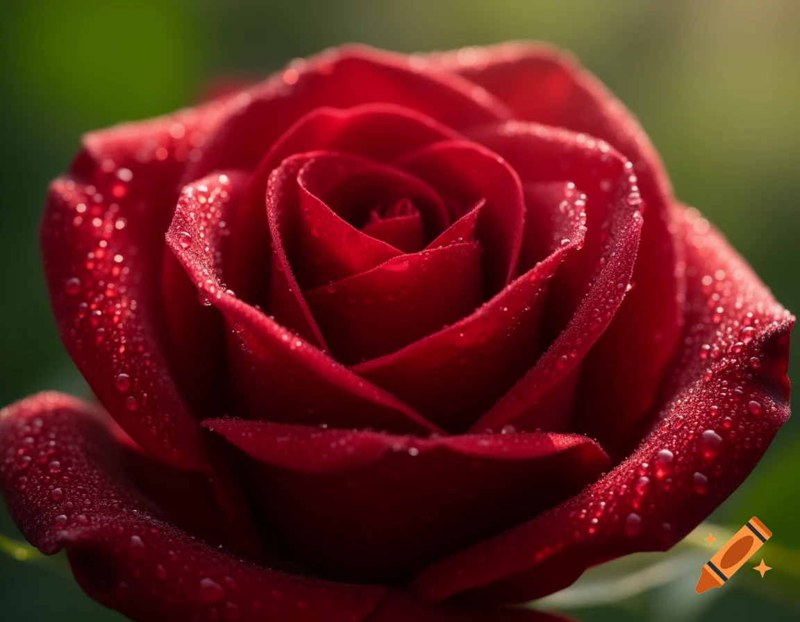 Hyper-realistic close-up of a deep red rose with dew drops on its petals, set against a soft, out-of-focus green background.