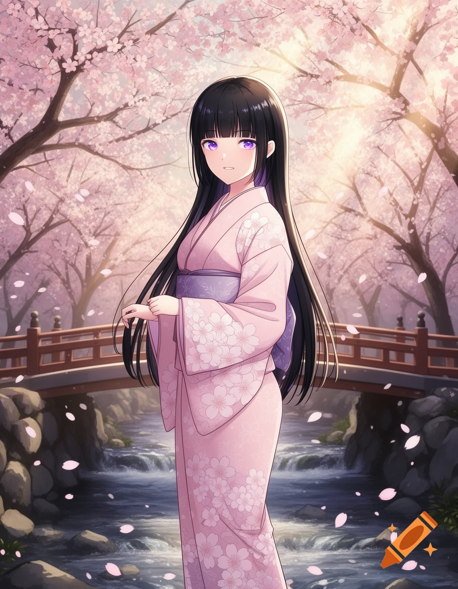 Anime girl in a pink kimono with long black hair and purple eyes, standing under cherry blossoms by a stream.