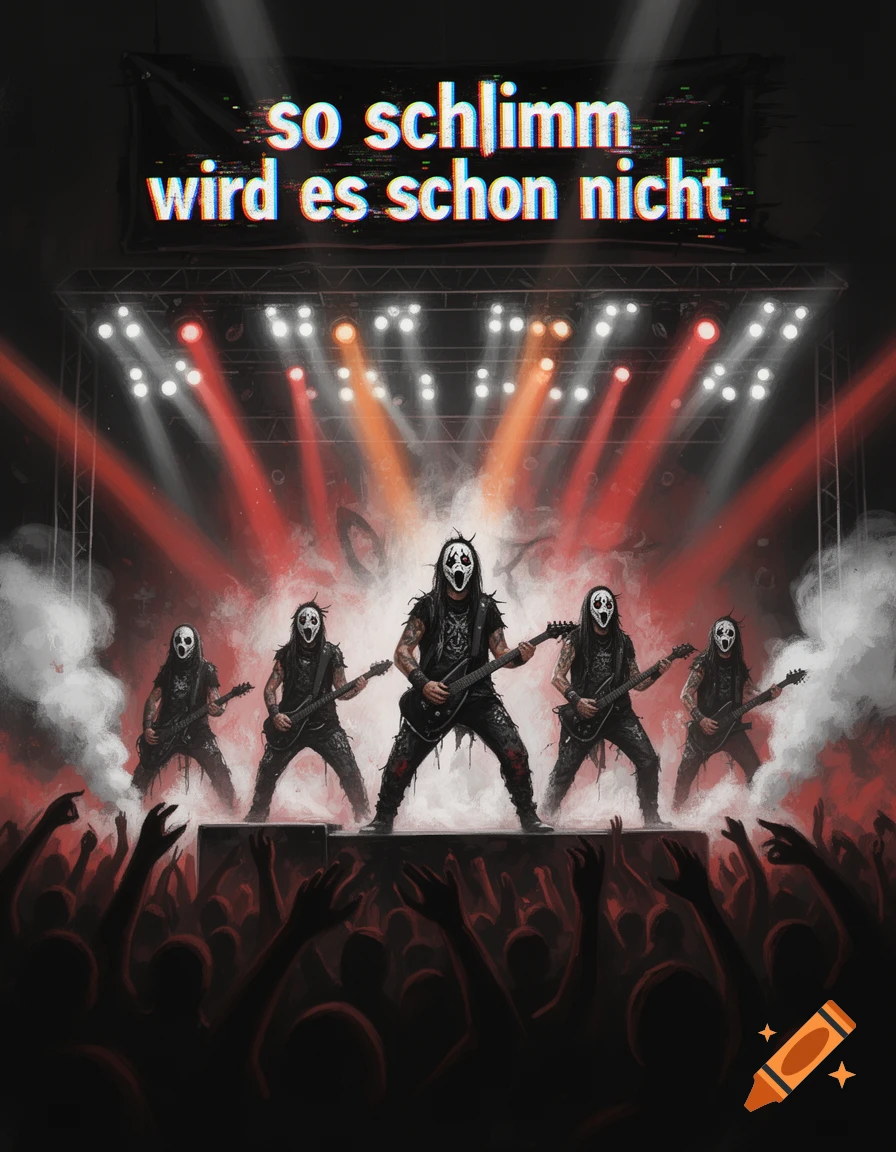 Heavy metal band in masks playing guitars on a stage under red spotlights, with a crowd and a banner saying 'so schlimm wird es schon nicht'.