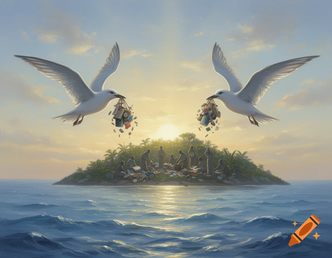 Two white seabirds fly over calm water, carrying trash to an island where silhouetted people sort it under a painterly sunset.