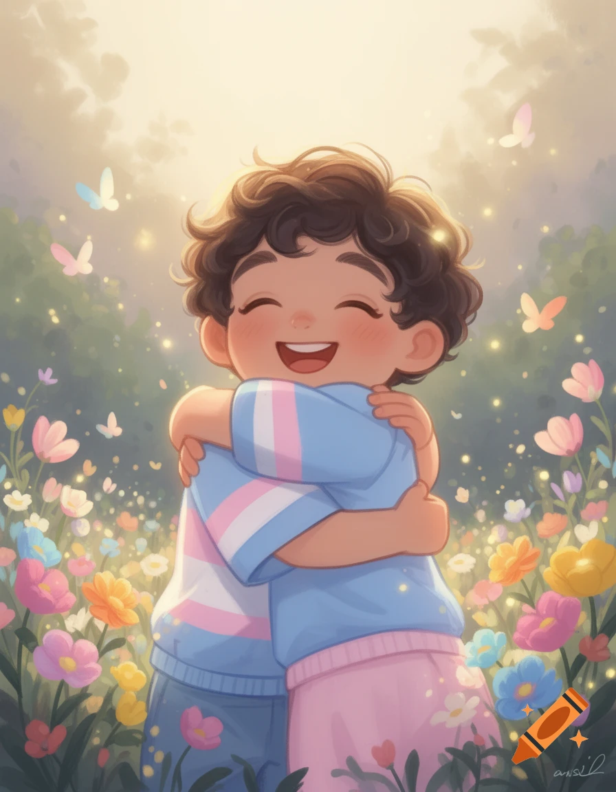 Two happy cartoon children with curly hair hug in a bright field filled with colorful flowers and butterflies. One wears a shirt with transgender flag colors.