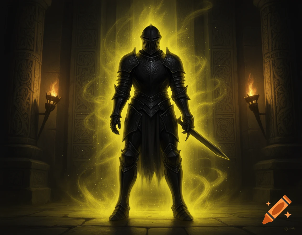 A black guardian knight in full armor stands in a dark stone hall, surrounded by a bright yellow aura, holding a sword.