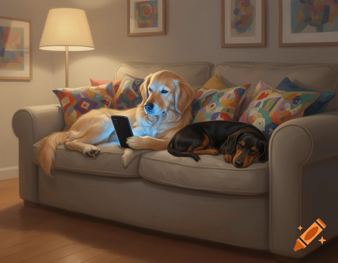 A golden retriever uses a smartphone while lying on a couch next to a sleeping dachshund in a cozy living room.