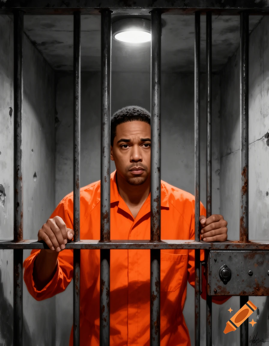 A man in an orange jumpsuit looks out from behind rusty prison bars in a stark, gray cell.
