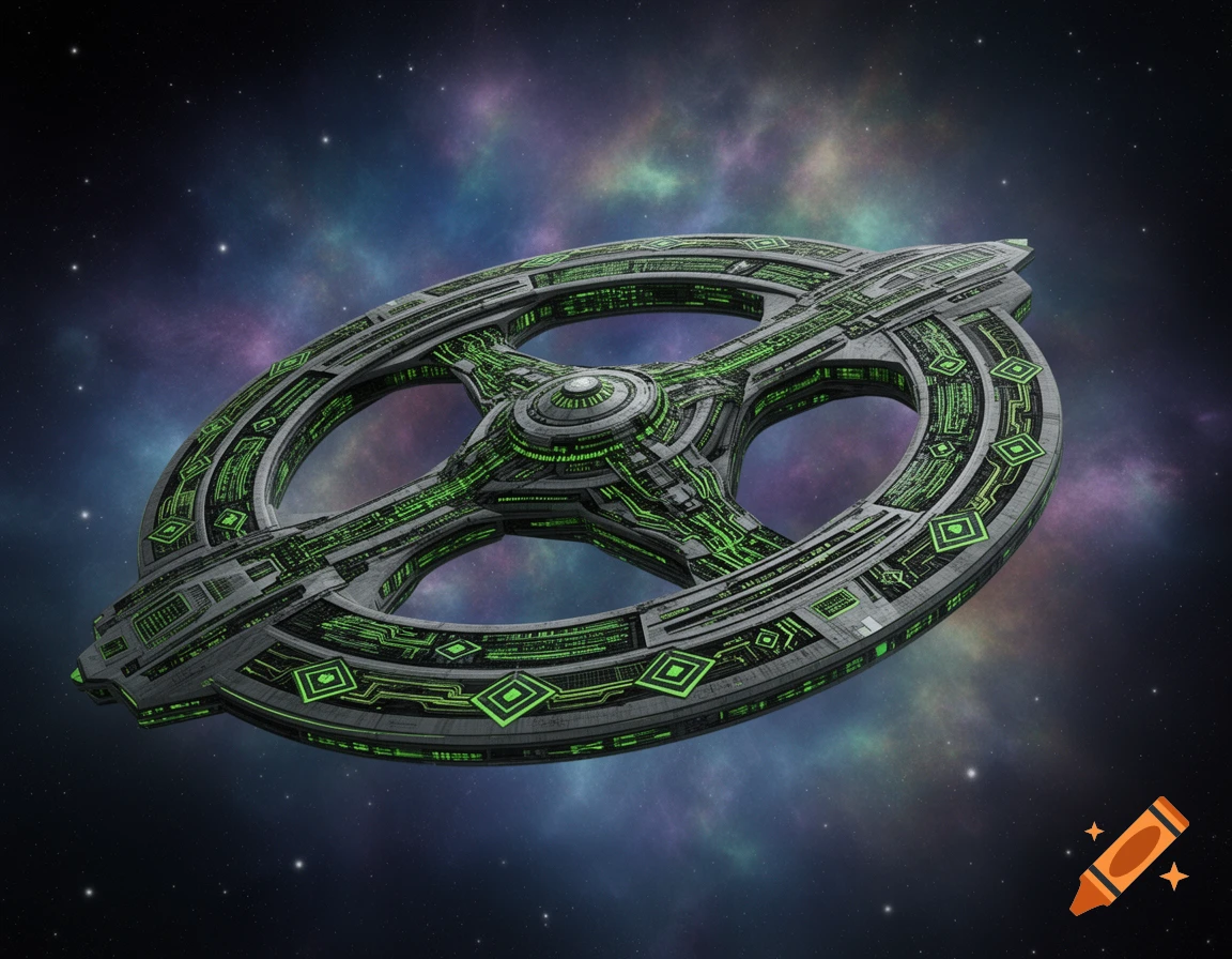 A futuristic, ring-shaped space station with intricate green glowing circuitry, set against a colorful nebula and stars.