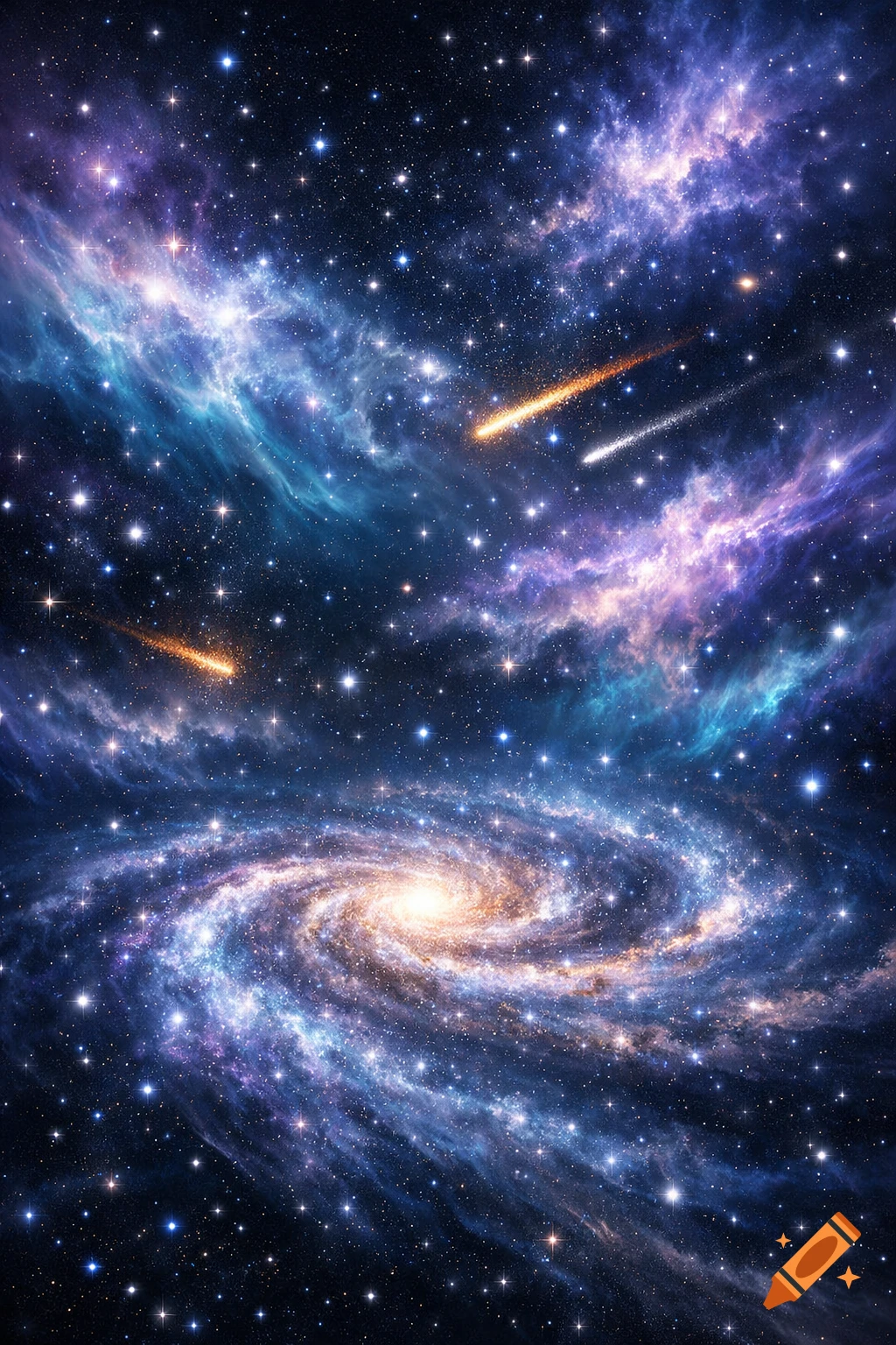 A vibrant cosmic scene features a spiral galaxy swirling at the bottom, surrounded by countless stars, colorful nebulae, and bright streaking meteors.