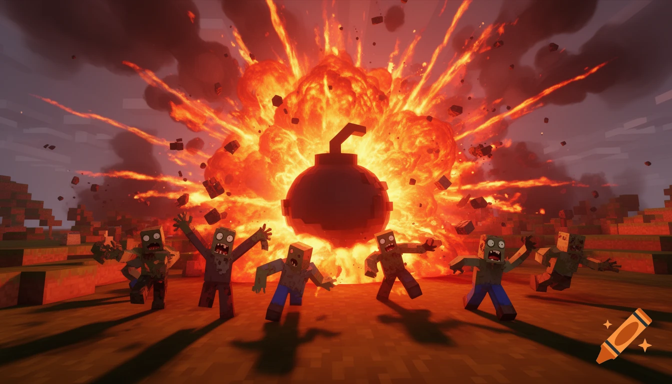 Blocky zombies flee a large bomb explosion in a voxel-style landscape, reminiscent of a video game.