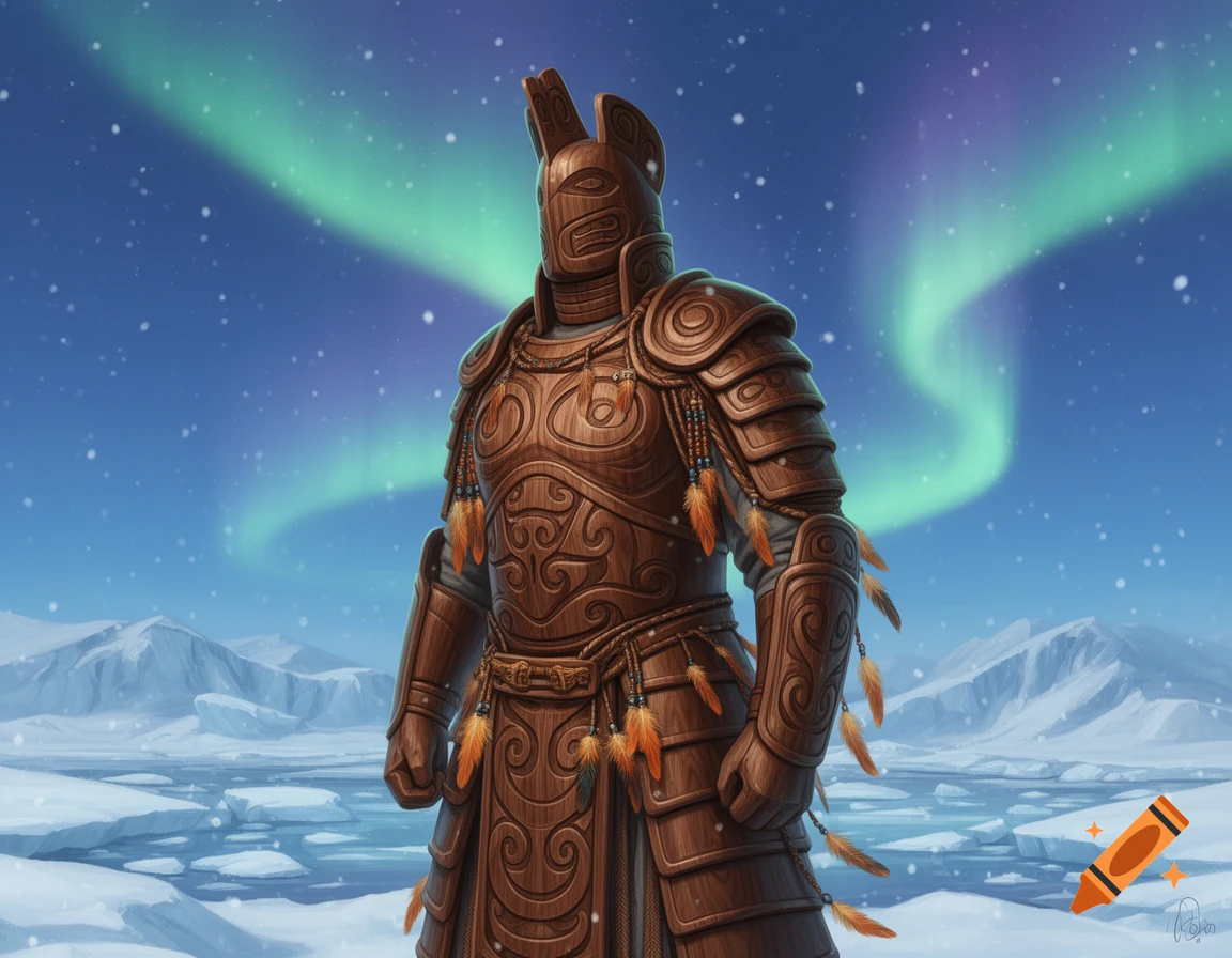 A detailed illustration of a figure in elaborate wooden armor adorned with feathers, standing in a snowy arctic landscape under a vibrant aurora borealis.