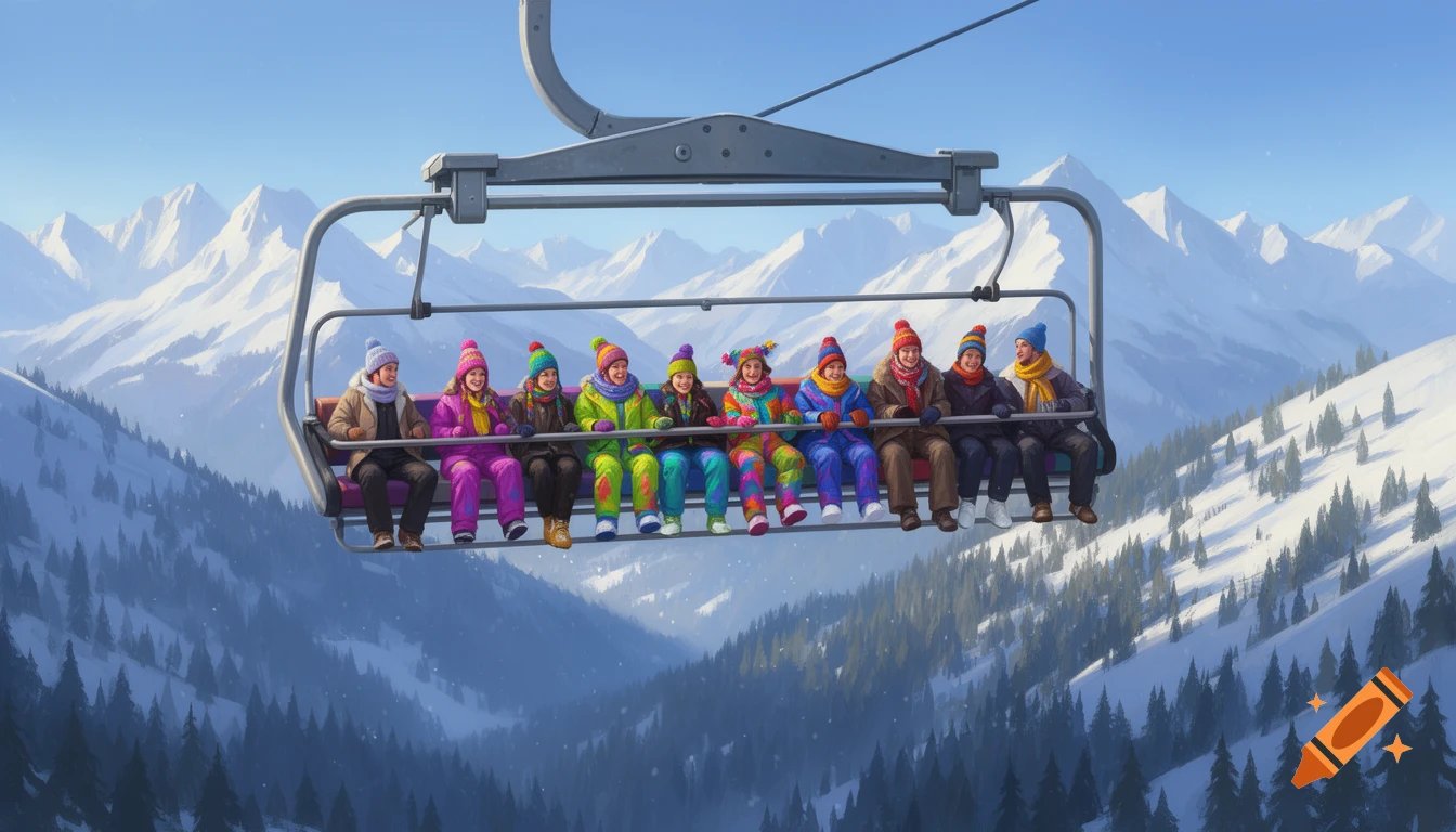 Eight people in colorful winter gear ride a ski lift over a snowy mountain range with pine trees under a clear blue sky.
