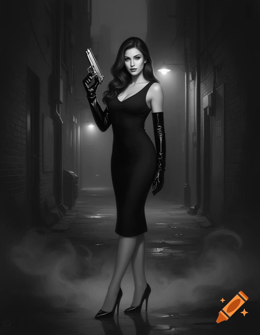 A woman in a black dress and long gloves holds a pistol in a dark, misty alleyway.