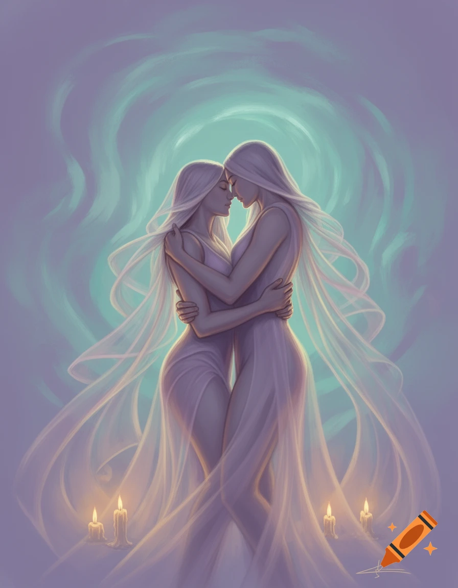 Two women with long white hair embrace intimately, surrounded by flowing translucent fabric, glowing candles, and a mystical aura of purple and teal light.