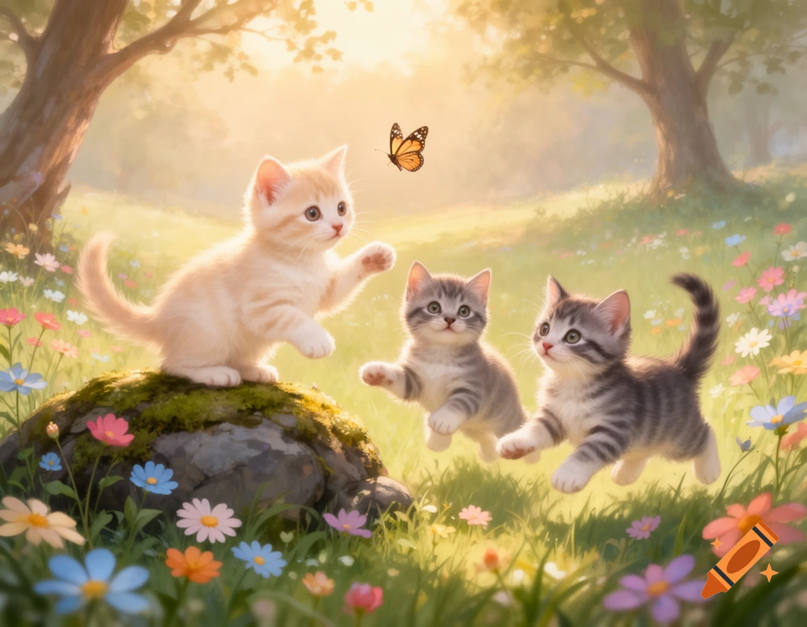 Three cute kittens playing in a sunny, flower-filled meadow. One kitten reaches for a butterfly from a mossy rock, while two others leap.