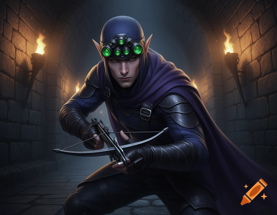 A drow elf rogue, resembling Sam Fisher, in a dark dungeon with torches, wearing blue armor and night vision goggles, aiming a hand crossbow.