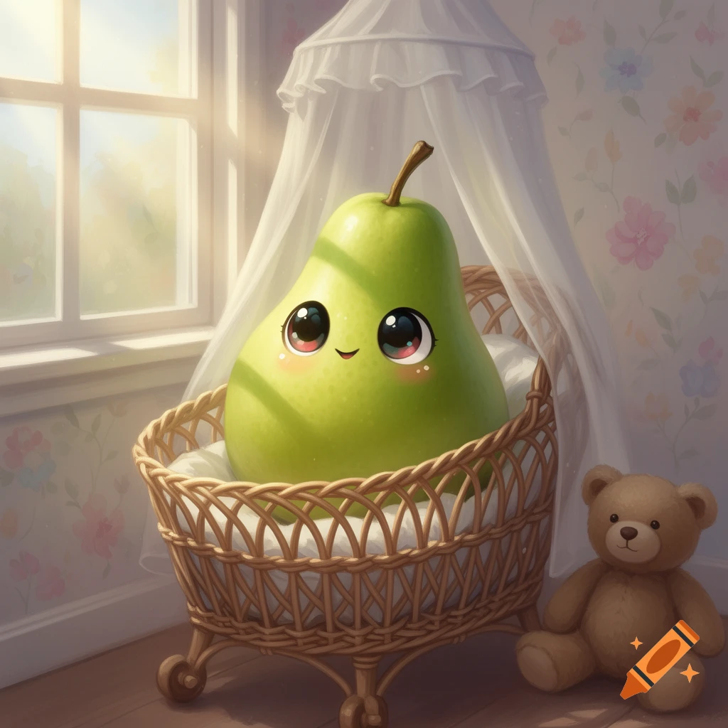 A cute, smiling green pear with large eyes lies in a wicker bassinet in a sunny nursery with a teddy bear.