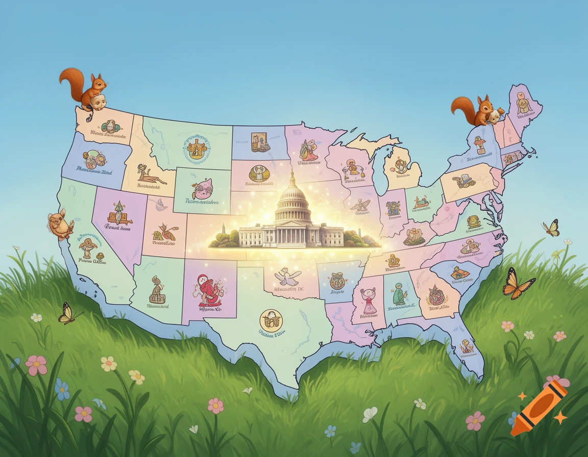 Cartoon map of the United States on grass with animals, flowers, and a glowing US Capitol building at the center.