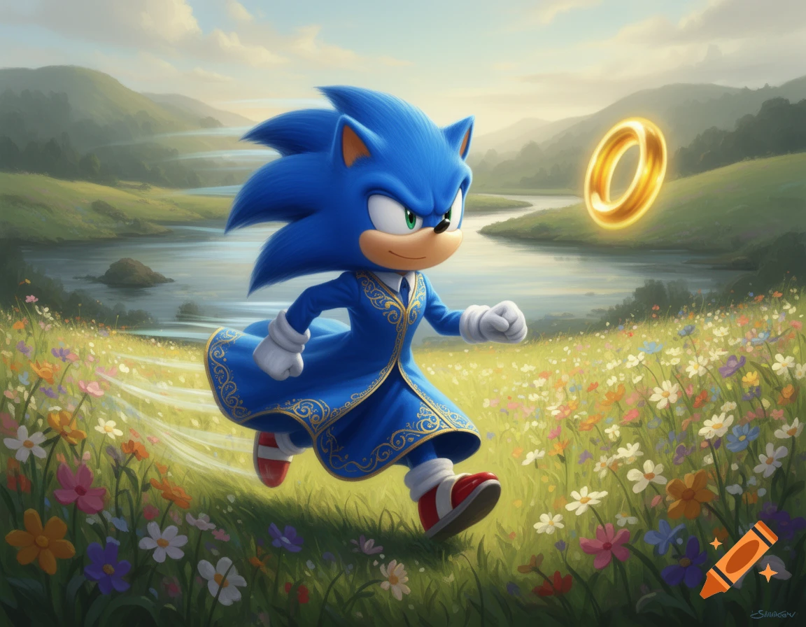 Sonic the Hedgehog in a blue robe with gold trim runs through a vibrant, flower-filled field towards a floating golden ring, with a lake and mountains in the background.