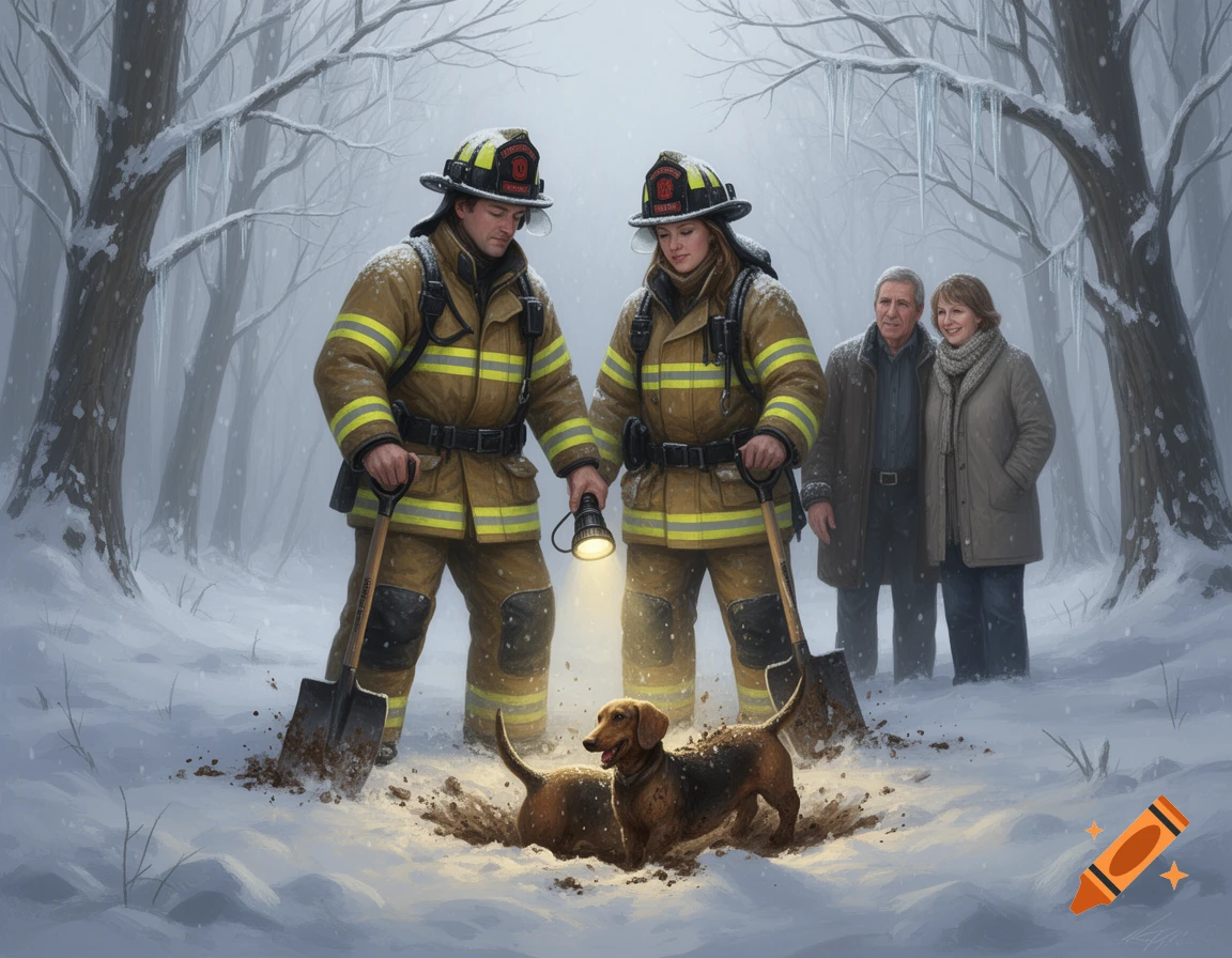 Two firefighters with shovels and a flashlight help an elderly couple rescue their dachshund dog from a hole in a snowy forest.
