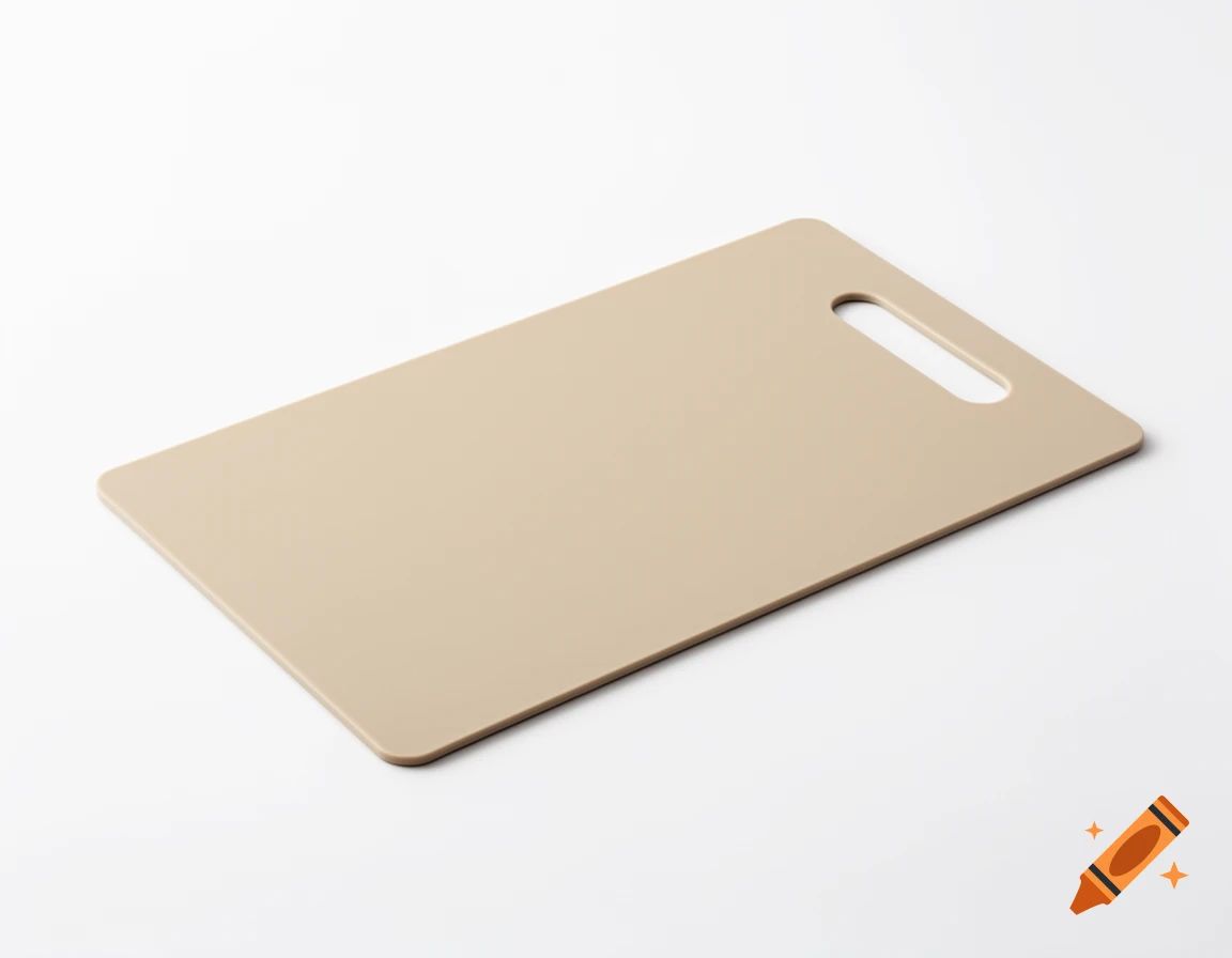 An ultra-thin beige cutting board with an elongated handle cutout, presented in a professional product photo on a white background.