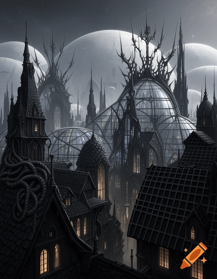 A dark, gothic, futuristic city with elaborate spires, glass domes, and intricate buildings under a starry sky.