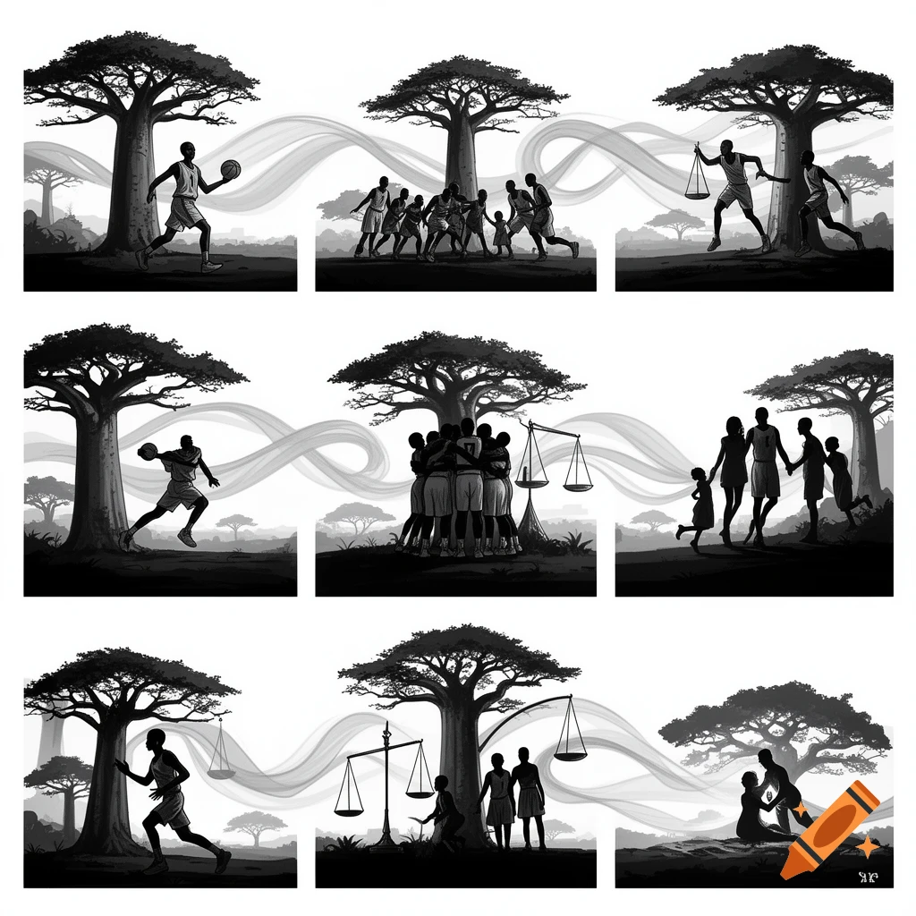Nine black and white silhouette panels depict baobab trees and people playing basketball, holding scales of justice, embracing, and walking as a family in an African landscape.