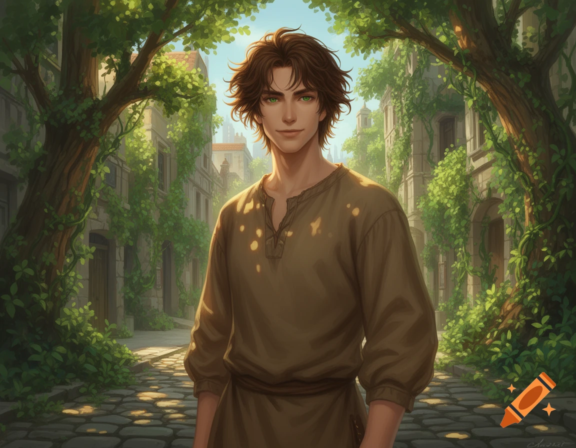 Young man with brown hair and green eyes on a cobblestone street lined ...