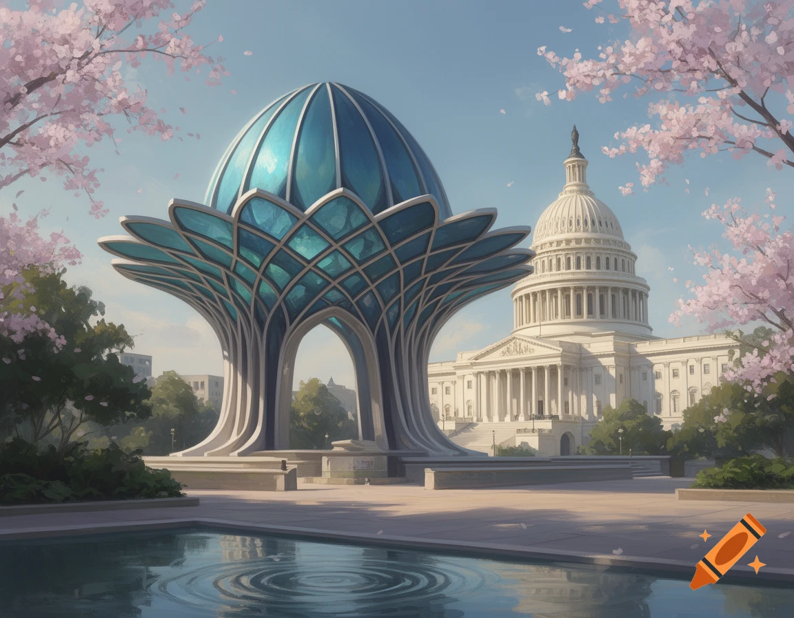 The United States Capitol Building stands next to a modern, ornate blue and white domed monument, surrounded by flowering cherry trees and a reflective pool on a sunny day.