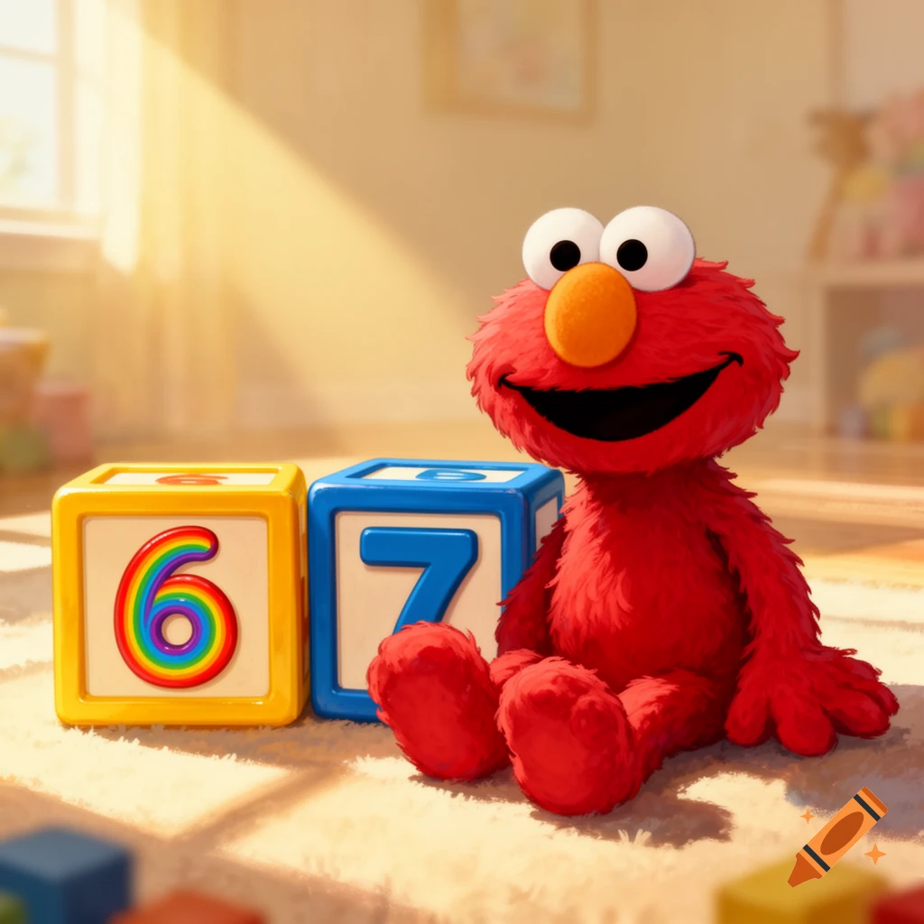 Elmo, a red furry monster, sits on a rug next to yellow and blue blocks with the numbers 6 and 7, in a sunlit room.