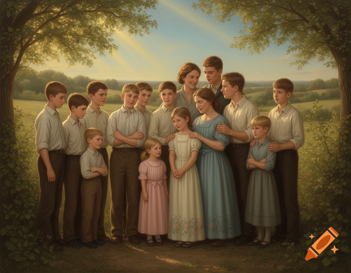 A large family portrait outdoors, featuring a mother, a father, nine boys, and two girls, all dressed in old-fashioned clothing in a field with trees and a blue sky.