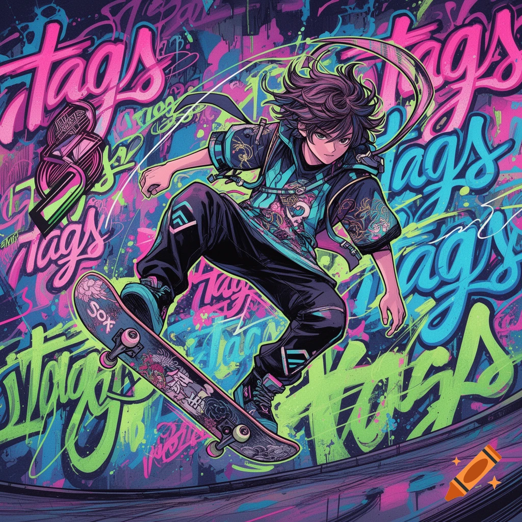 Manga style illustration of a skateboarder mid-air doing a trick, set against a vibrant background of colorful graffiti tags.
