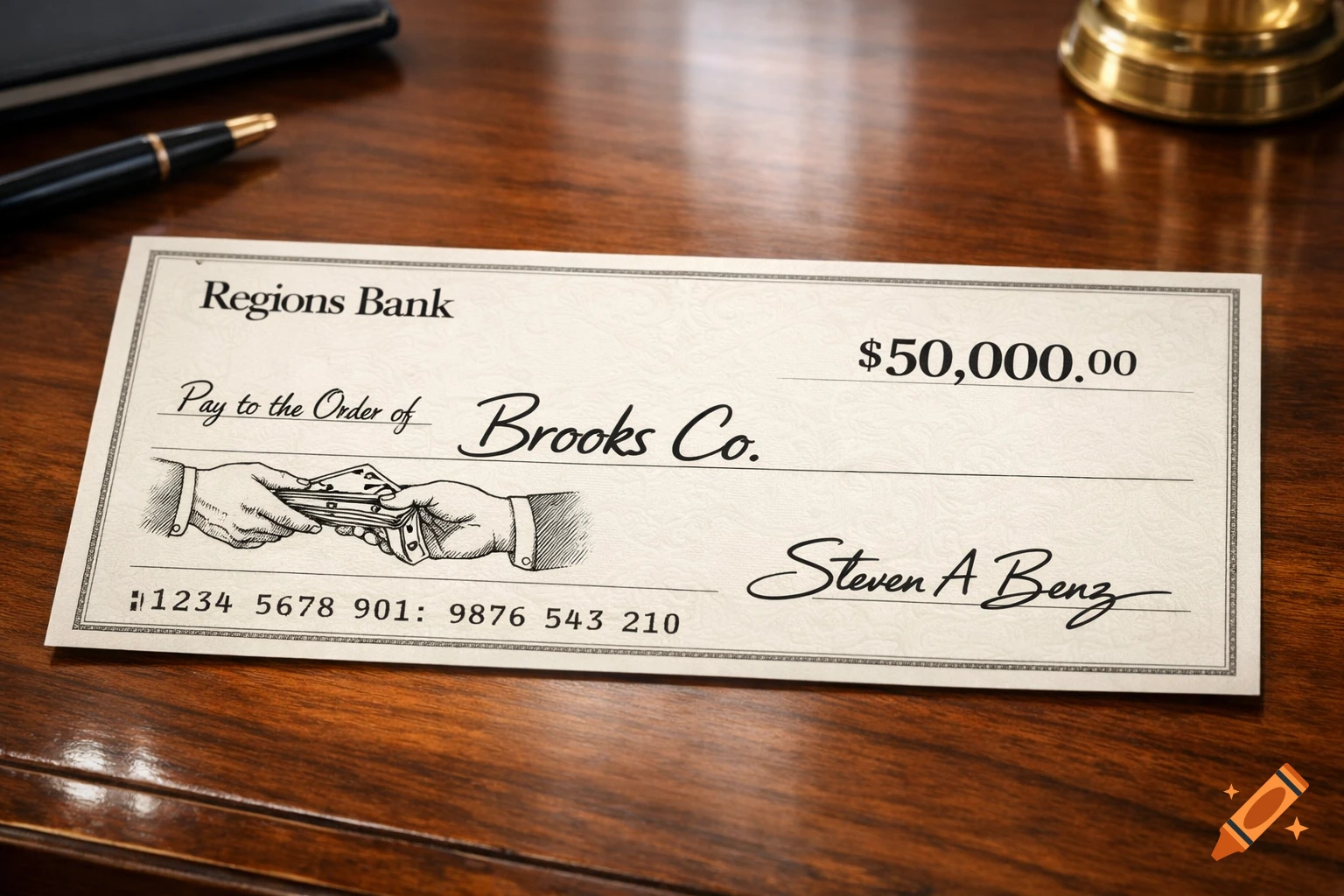 A $50,000 check from Regions Bank, payable to Brooks Co. and signed by Steven A Benz, rests on a wooden desk.