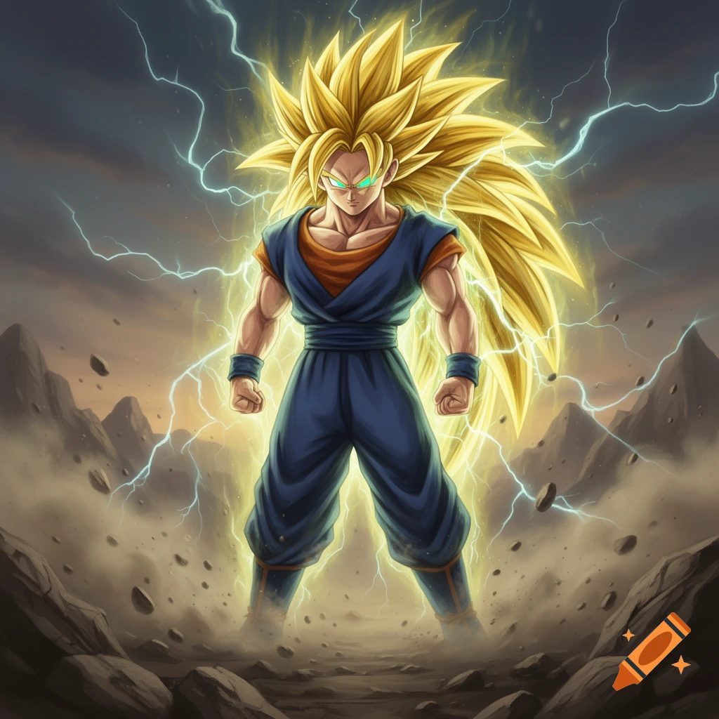 Goku in Super Saiyan 3 form with glowing spiky blonde hair and green ...