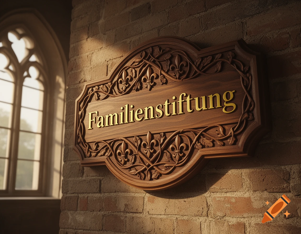 A decorative wooden sign with "Familienstiftung" in gold letters, mounted on a brick wall next to a gothic window.