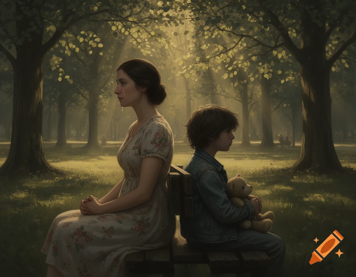 A sad mother and child sit back-to-back on a park bench, the child holding a teddy bear, bathed in soft sunlight in a painterly style.