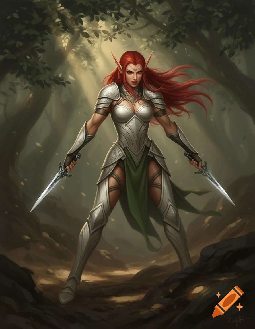 A red-haired female elf warrior in light armor stands in a forest, dual-wielding daggers, digital painting.